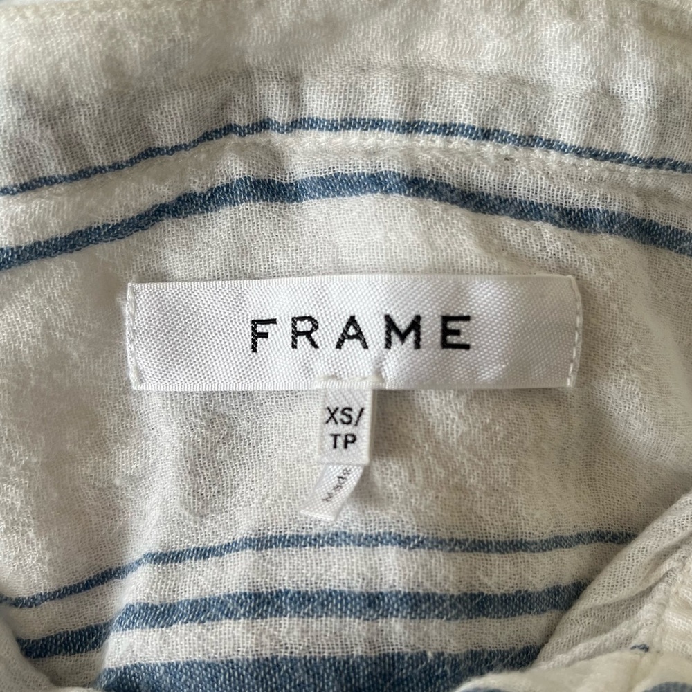 Frame Denim Button Up Gauze Cotton White Stripe Blue Long Sleeve Blouse EUC XS - Picture 8 of 11